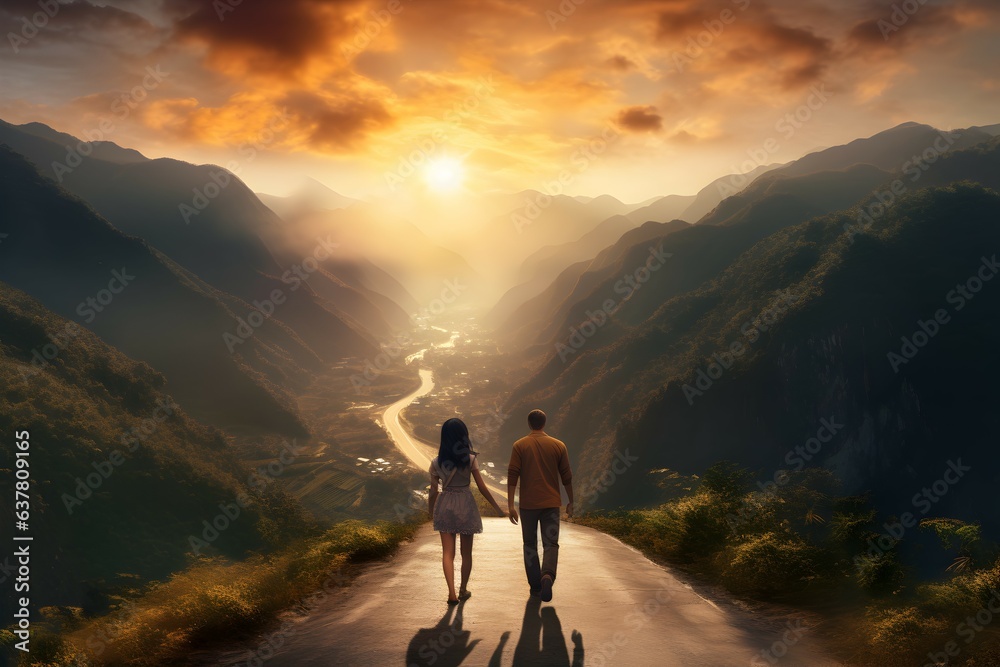 Father and daughter on a walk in the mountains at sunset. generative AI illustration.