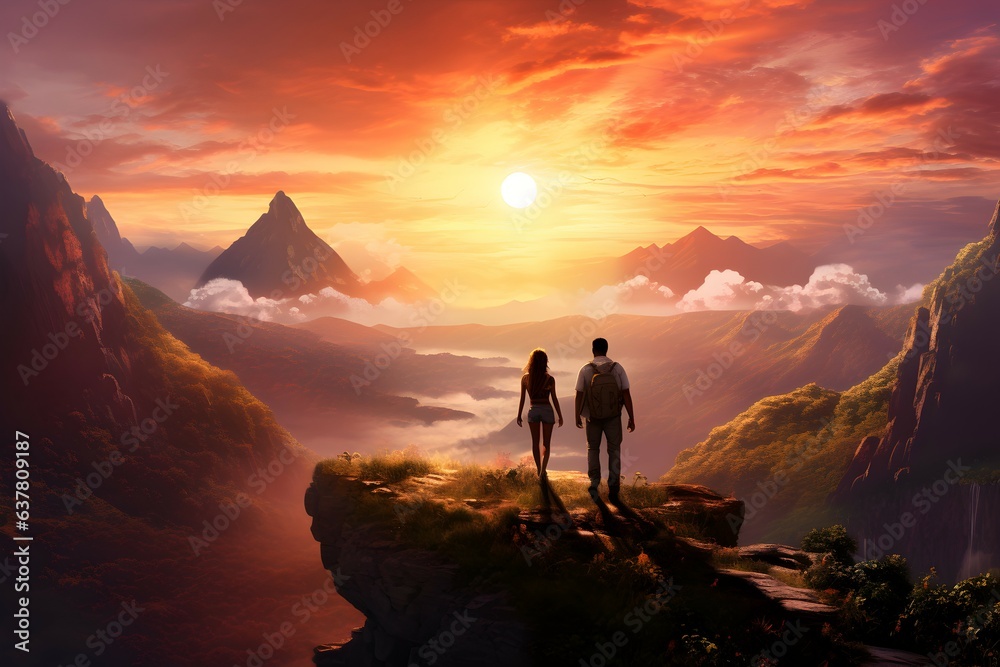 Father and daughter on a walk in the mountains at sunset. generative AI illustration.