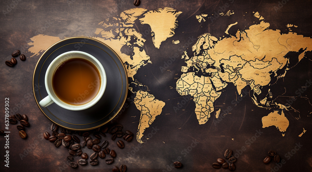 Coffee cup and coffee beans on the world map background. generativa IA
