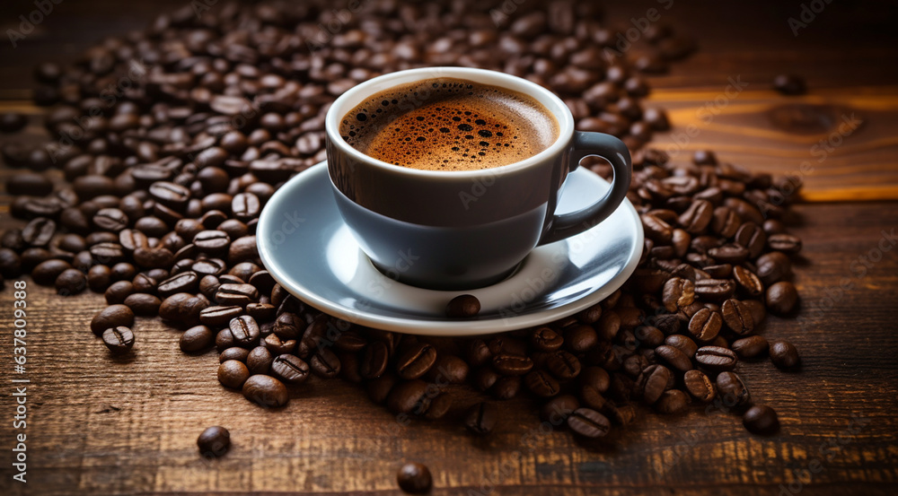 Coffee cup and coffee beans on wooden table. Close up generativa IA Coffee cup and coffee beans on wooden table. Close up generativa IA