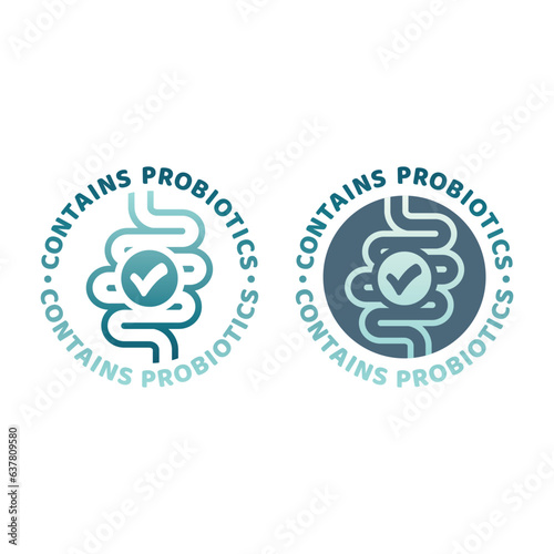 Contains probiotics colorful vector label. Bowels, intestines microbiome or microflora good bacteria icon.