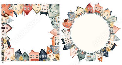 Set of cityscape frame, scandinavian houses. European town, frame with houses for your design, template.