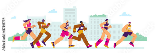 Marathon sport race background with running people flat vector illustration.