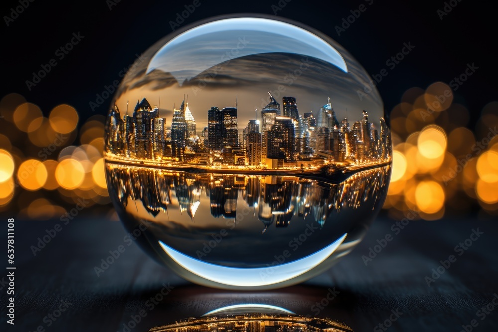 transparent glass ball reflecting a city night scene (Generative AI) transparent glass ball reflecting a city night scene (Generative AI)