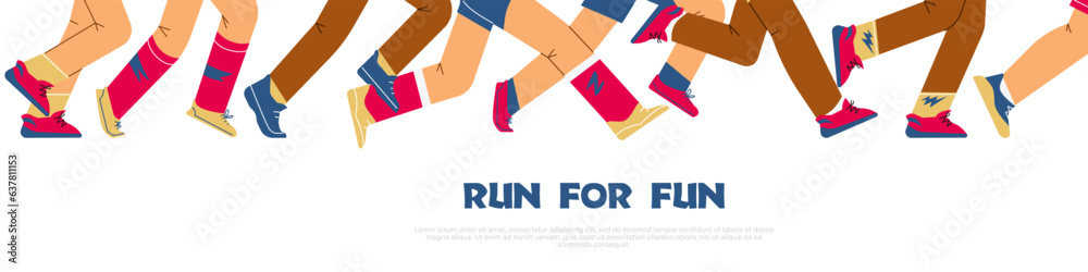 Obraz premium Decorative border with running people legs flat style, vector illustration