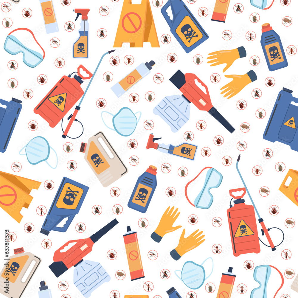 Seamless pattern with insect repellents. Spraying antiparasitic chemicals. Professional disinfect equipment. Various bugs icons. Cartoon flat isolated on white background elements vector concept Seamless pattern with insect repellents. Spraying antiparasitic chemicals. Professional disinfect equipment. Various bugs icons. Cartoon flat isolated on white background elements vector concept