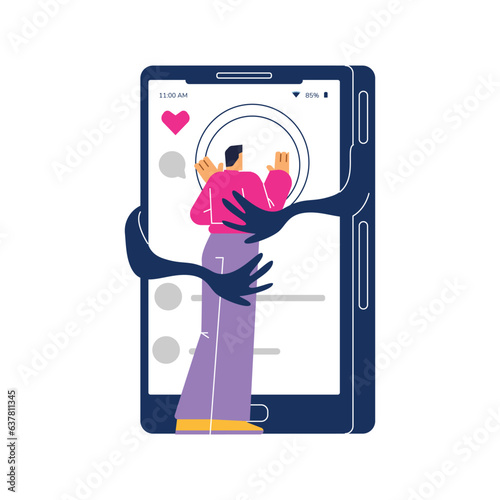 Man hugging smartphone, social media addiction, flat vector illustration isolated on white background.