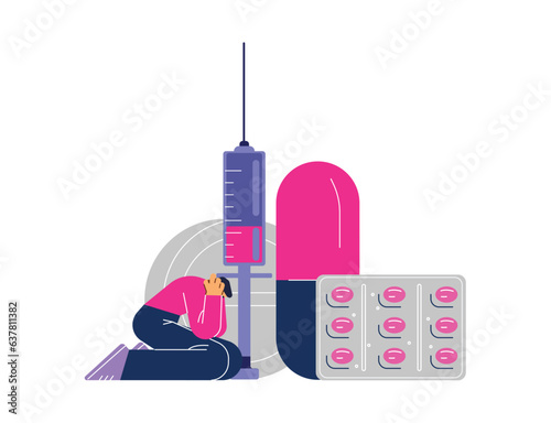 Frustrated man addicted to drugs and medication, flat vector illustration isolated on white background.