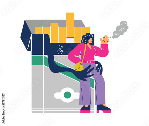 Huge pack of cigarettes hugging smoking woman flat style, vector illustration