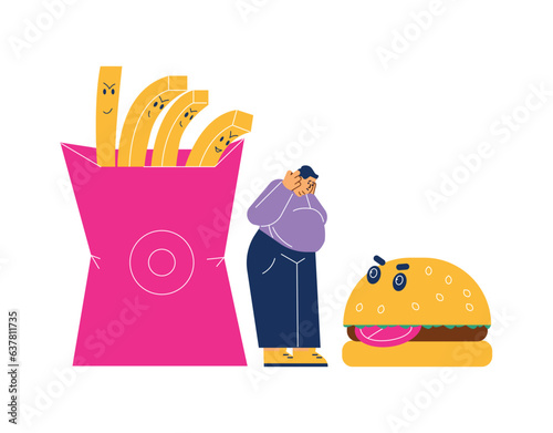 Food addiction and overeating problem banner or poster flat vector illustration.