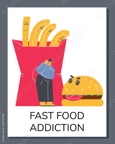 Fast food addiction poster, flat vector illustration.