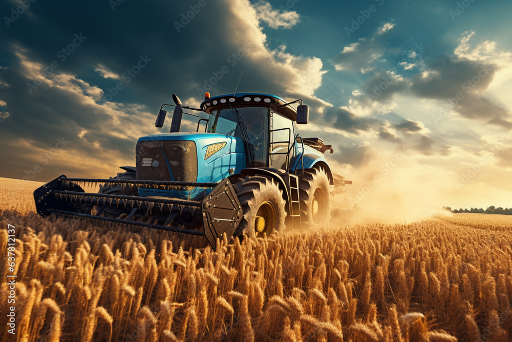 Fototapeta premium Harvesting tractor machine in field. technology agriculture, automatic machine technology. Farmer. Farming. Daylight. Ai generated.