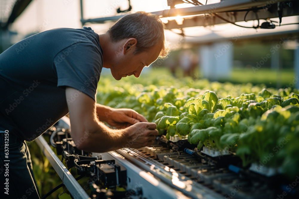 A man farmer working in a greenhouse. Technology agriculture farming. Modern farming vegetable. - obrazy, fototapety, plakaty 
