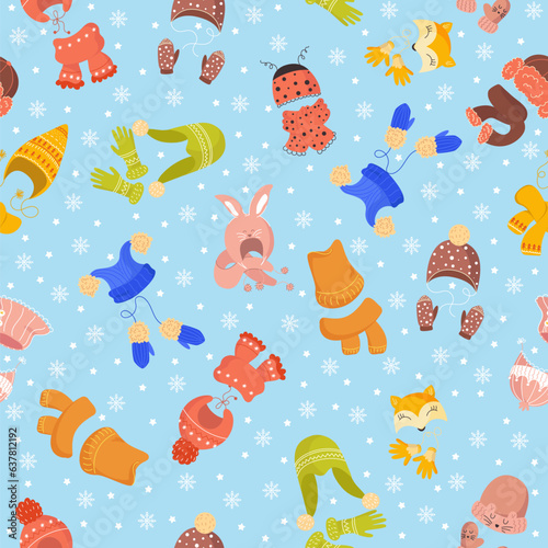 Seamless pattern with winter knitted hats and mittens. Decor textile, wrapping paper, wallpaper design. Childish print for fabric. Cartoon flat isolated woolen warm headwear. Vector concept