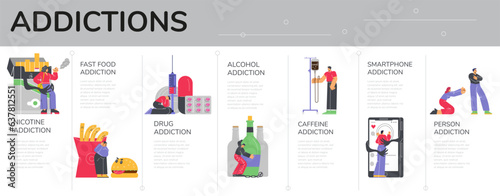 Addictions infographic banner or poster design flat vector illustration.