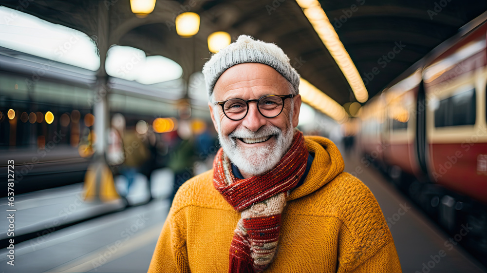 Senior gray-haired man at train station. Waiting for the train or meeting at the station