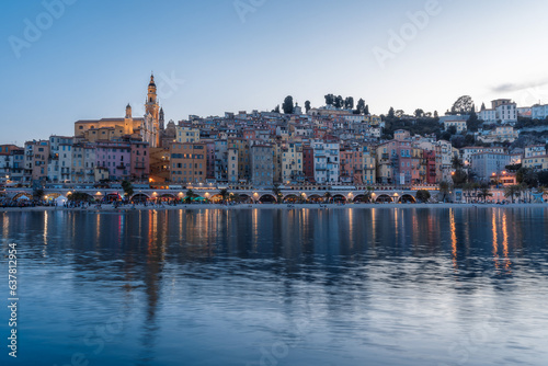 Cityscape of Menton at night, a historic town in the Provence-Alpes-Côte d'Azur region on the French Riviera © Sen