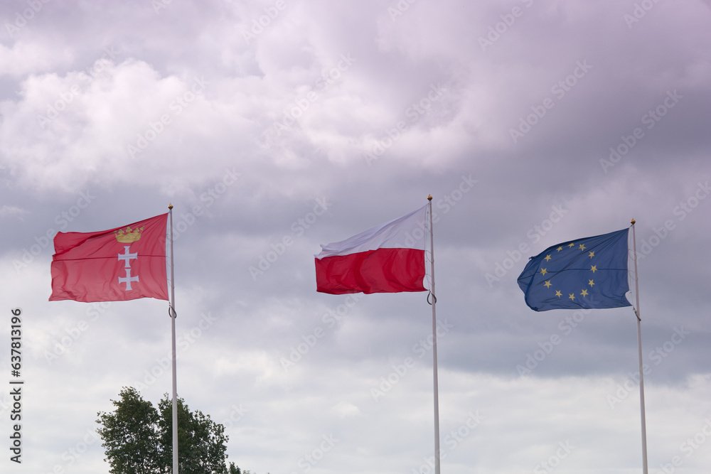 Obraz na płótnie flaga, maszt, widok, niebo, chmura, europa, lato, wiatr, gdańsk, polska, unia europejska, w salonie