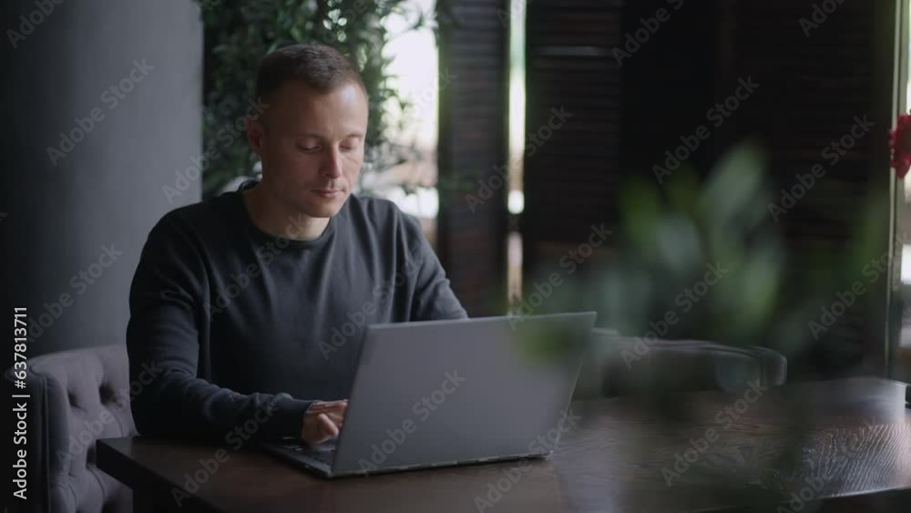 Caucasian Man Working Online With Laptop In Cafe, Portrait Of Smart Financial Analyst Caucasian Man Working Online With Laptop In Cafe, Portrait Of Smart Financial Analyst