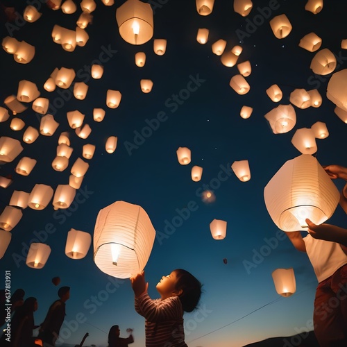 A child releasing a paper lantern into the night sky during a festival, symbolizing hope and the letting go of worries3