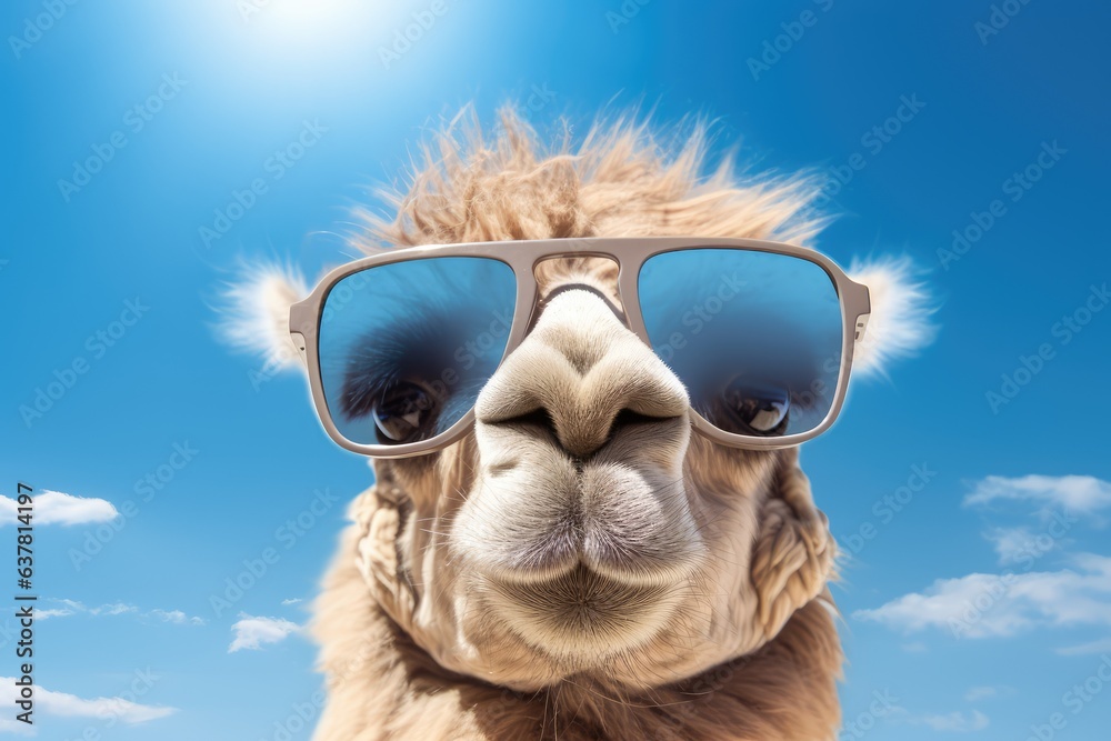Funny camel with blue reflective lens sunglasses