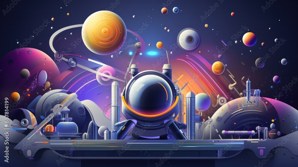 Space, future and abstraction. Vector 3d illustration of space objects, astronaut, round shapes of metal and mercury, fantasy city for poster, background or cover