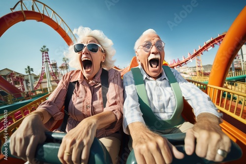 Funny elderly cool crazy retired grandparents together riding rollercoaster