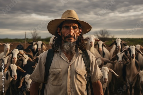 Goats farm worker latino man standing near his herd