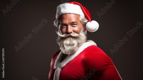 Sexy and muscular Santa Claus on grey background showing his muscles. christmas holidays. portrait of sexy strong santa claus wearing hat. Generative ai