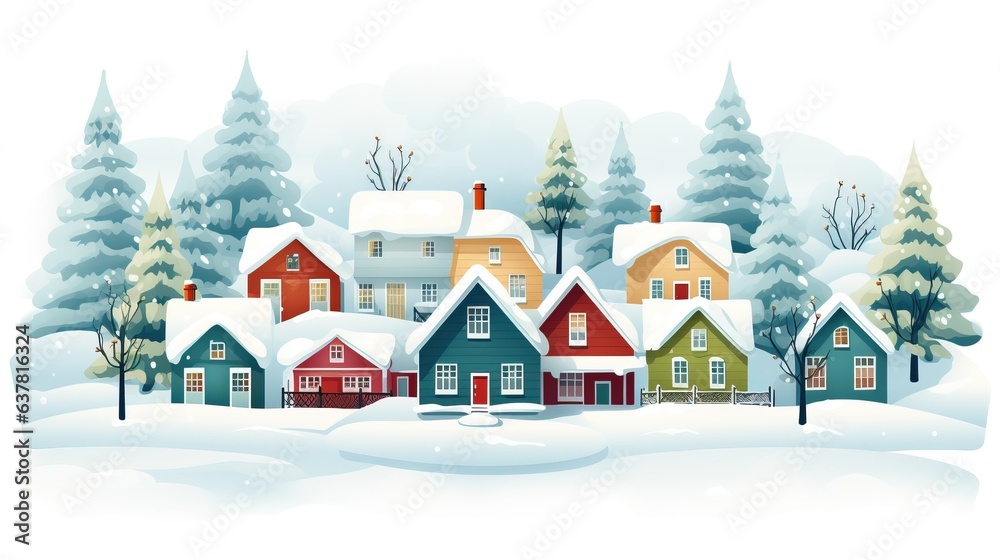 Winter city in retro style. Christmas background with houses, Christmas tree, snowman. Cozy town in a flat style with lettering merry Christmas.