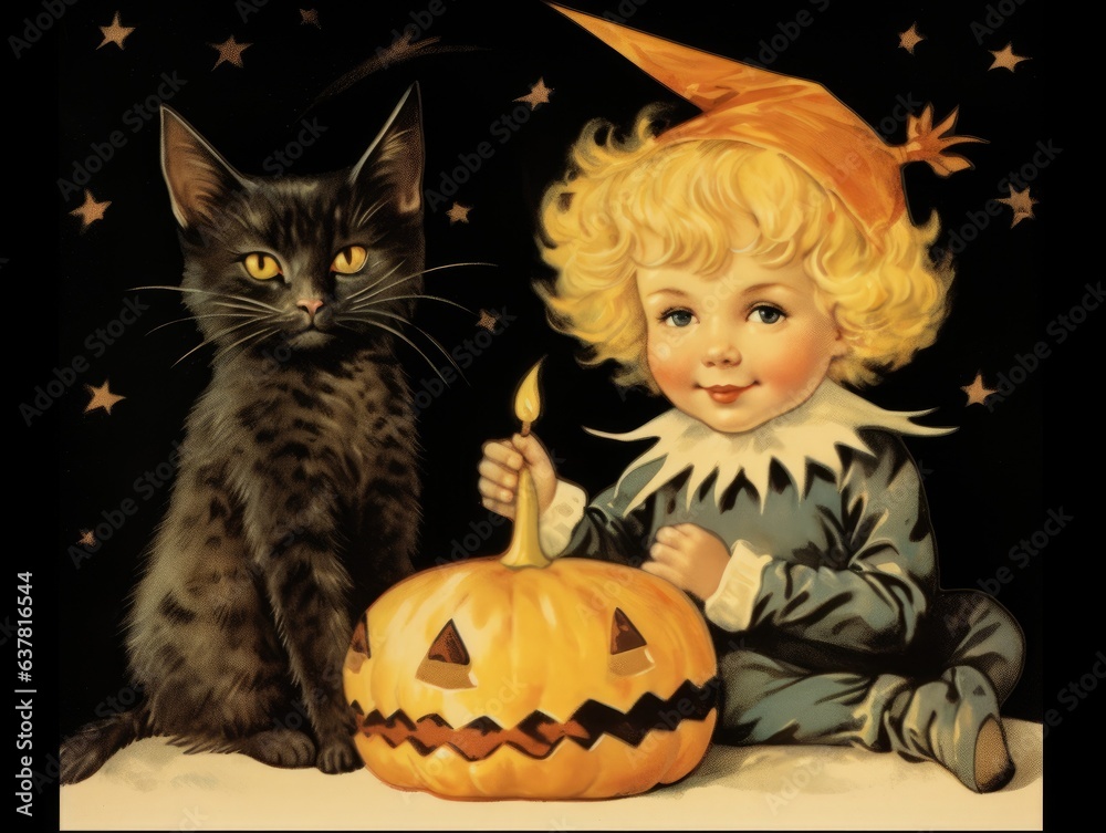 Vintage Halloween greeting card of a young fat cute boy with black hair and a black fat cat under the moon light.