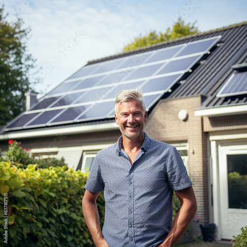 Happy residential home owner standing in front of the house with realistic solar panels on the roof