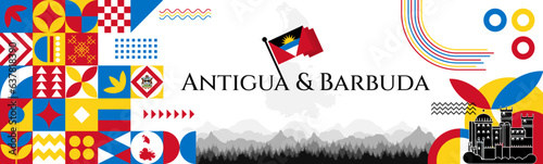 The Antigua and Barbuda Independence Day abstract banner design with flag and map. Flag color theme geometric pattern retro modern Illustration design. Blue, yellow and red color template.