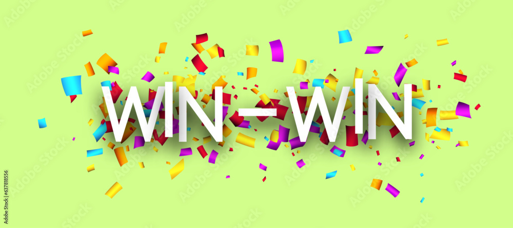 Win-win sign with colorful cut out ribbon confetti background. Design element. Vector illustration.