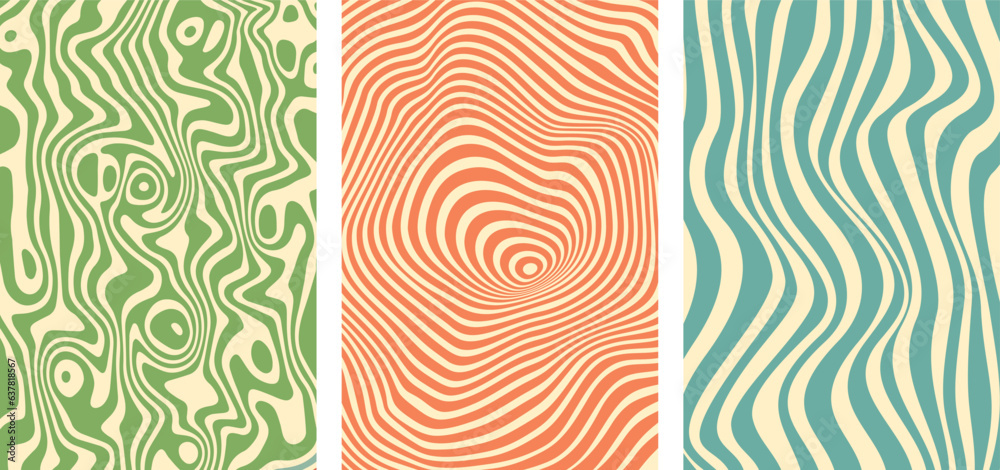 Set of three vector groovy background in 70s retro style. Trendy abstract hippie pattern with psychedelic waves and pastel colors