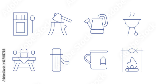 Camping icons. editable stroke. Containing matches, axe, watering can, barbecue, picnic table, thermo, enamel, bonfire.