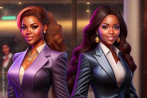 Two Successful Brown Womens Smiling in suits with golden hair and jewellery at the camera in a studio