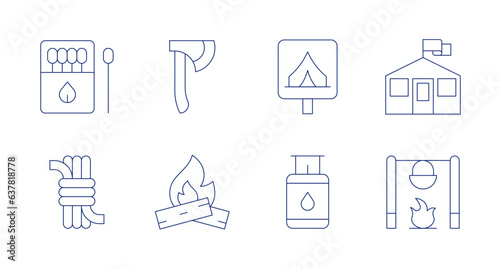 Camping icons. editable stroke. Containing matches, axe, camping zone, barracks, rope, bonfire, gas stove, campfire.