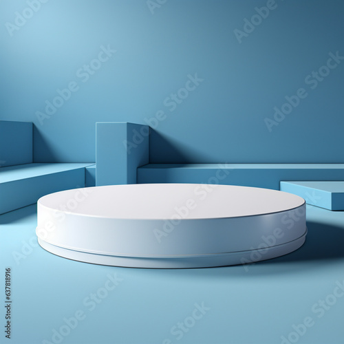 White round podium on blue background. 3d render. Minimal concept.Generative AI