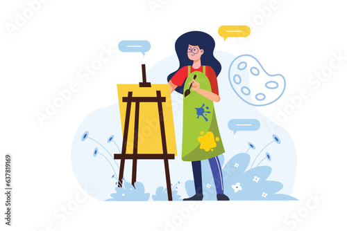 Art lesson concept with people scene in the flat cartoon style. The artist paints inspiredly with colored paints during a school lesson. Vector illustration.
