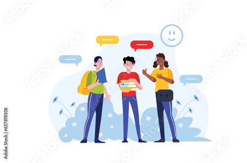 Happy students concept with people scene in the flat cartoon design. Students actively discuss their school achievements on the break. Vector illustration.
