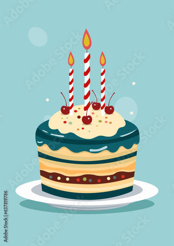 Birthday cake on a plate with three burning candles vector illustration. Delicious layer cake  with chocolate  cherries  sweets and confectionery cream. For greeting card  postcard  poster  banner.