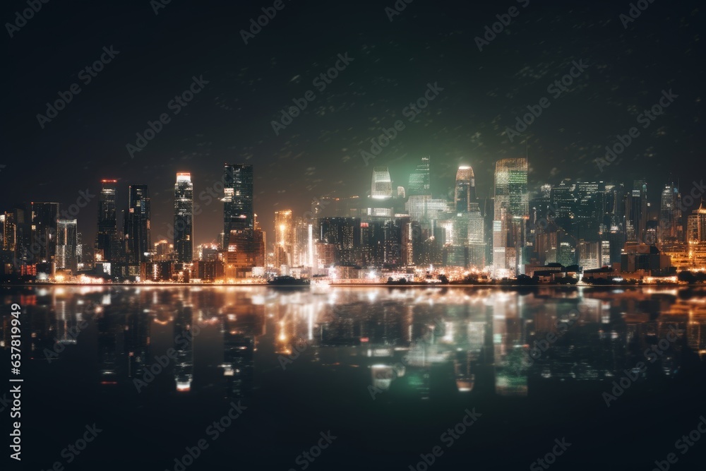 A cityscape at night reflected in the calm waters