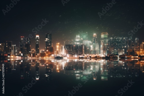 A cityscape at night reflected in the calm waters