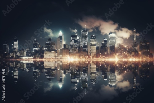 A mesmerizing city skyline reflecting in the water at night