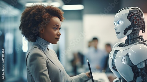 smiling businesswoman shaking hands with robot in office photo