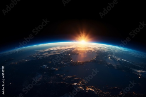 The sun rising over the earth from space