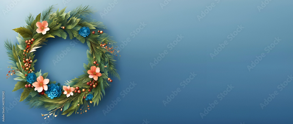 Bannière créative couronne de fleurs, célébration fêtes et mariage, branches, fleurs rose et bleu, composition florale - IA générative Bannière créative couronne de fleurs, célébration fêtes et mariage, branches, fleurs rose et bleu, composition florale - IA générative