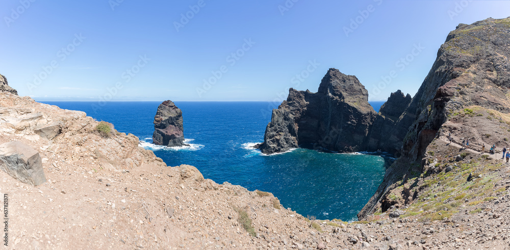 Amazing panoramic view at the huge natural cliffs over the ocean, St. Lourenço Cape or Cabo de São Lourenço, on Madeira Island, Portugal