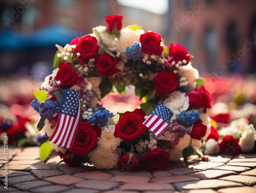 A memorial wreath against the backdrop of fluttering flags, honoring sacrifice
